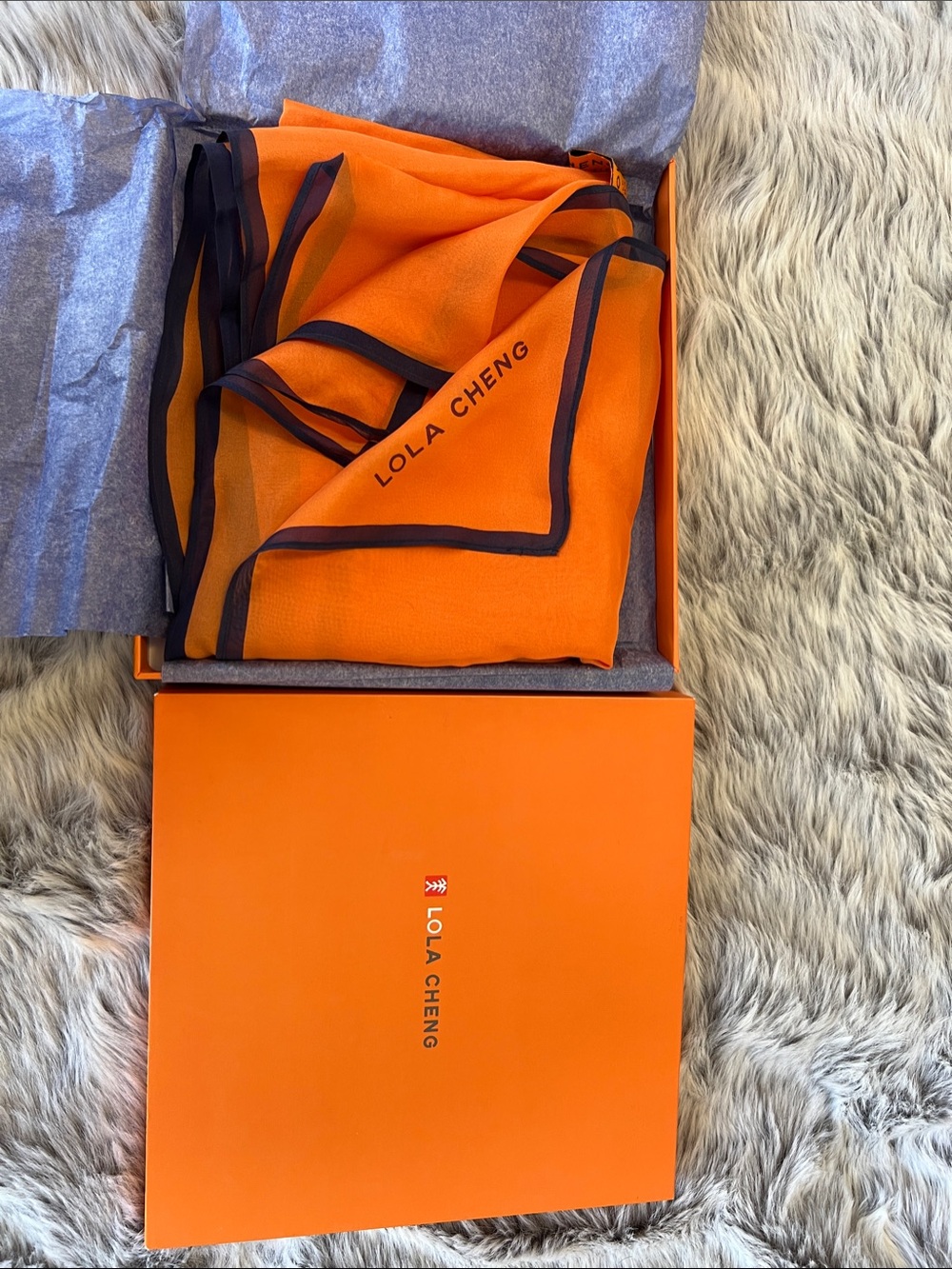 lola Orange Silk Scarf with Blue Trim